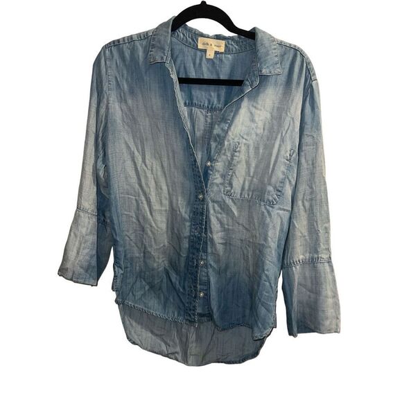✨Anthropologie Chambray Button Down Hi/Low Hem Denim Sz Small Shirt✨ - Picture 5 of 11